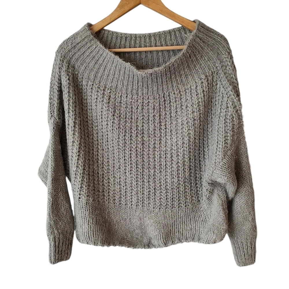 Main Strip Grey Fuzzy Off the Shoulder Sweater Size M/L